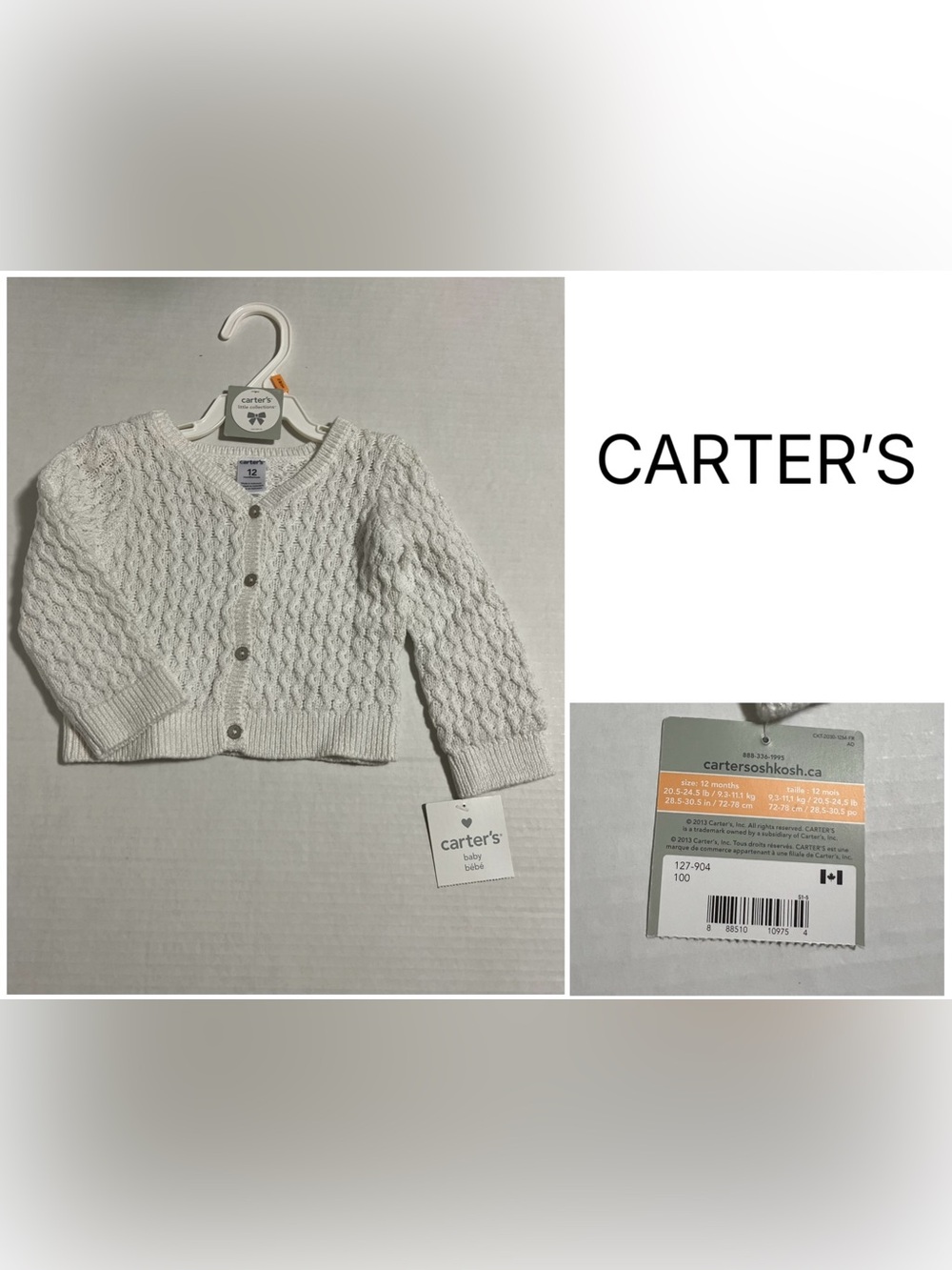 CARTER’S - 12M - NWT - INFANT GIRLS WHITE SILVER SPARKLE KNIT CARDIGAN SWEATER